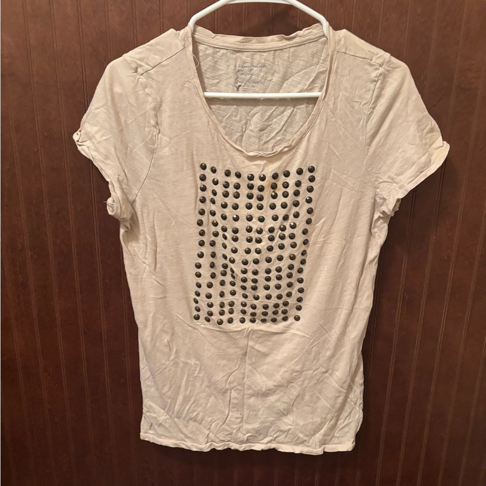 Studded Beige Women's Short Sleeve Top